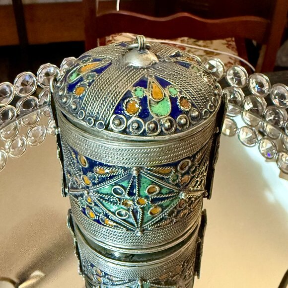 VTG ~ Cuff Bracelet & Box w/ Pin ~Berber Kabyle Tribal Hammered Silver & Enamel - Picture 1 of 12
